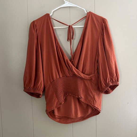 Abercrombie & Fitch Rust Orange Wrap Top | Deep V-Neck Tie Back Blouse | Size L - Picture 2 of 7